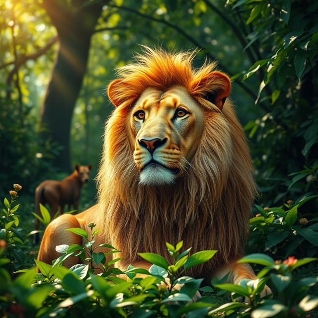 A majestic lion sitting in a lush, verdant jungle, showcasing a look of contemplation and concern on its face