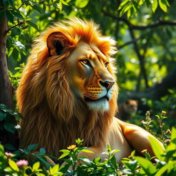 A majestic lion sitting in a lush, verdant jungle, showcasing a look of contemplation and concern on its face