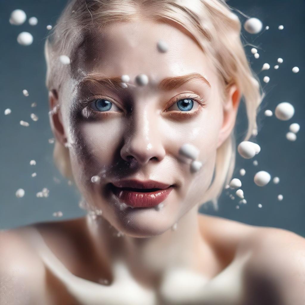 A high-definition, realistic digital art image of a blonde Instagram model with milk splashed on her face