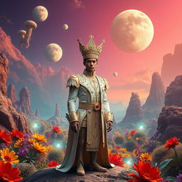 A majestic figure standing on a vibrant, alien planet with colorful flora and a surreal landscape