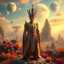 A majestic figure standing on a vibrant, alien planet with colorful flora and a surreal landscape