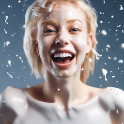 A high-definition, realistic digital art image of a blonde Instagram model with milk splashed on her face