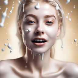 A high-definition, realistic digital art image of a blonde Instagram model with milk splashed on her face