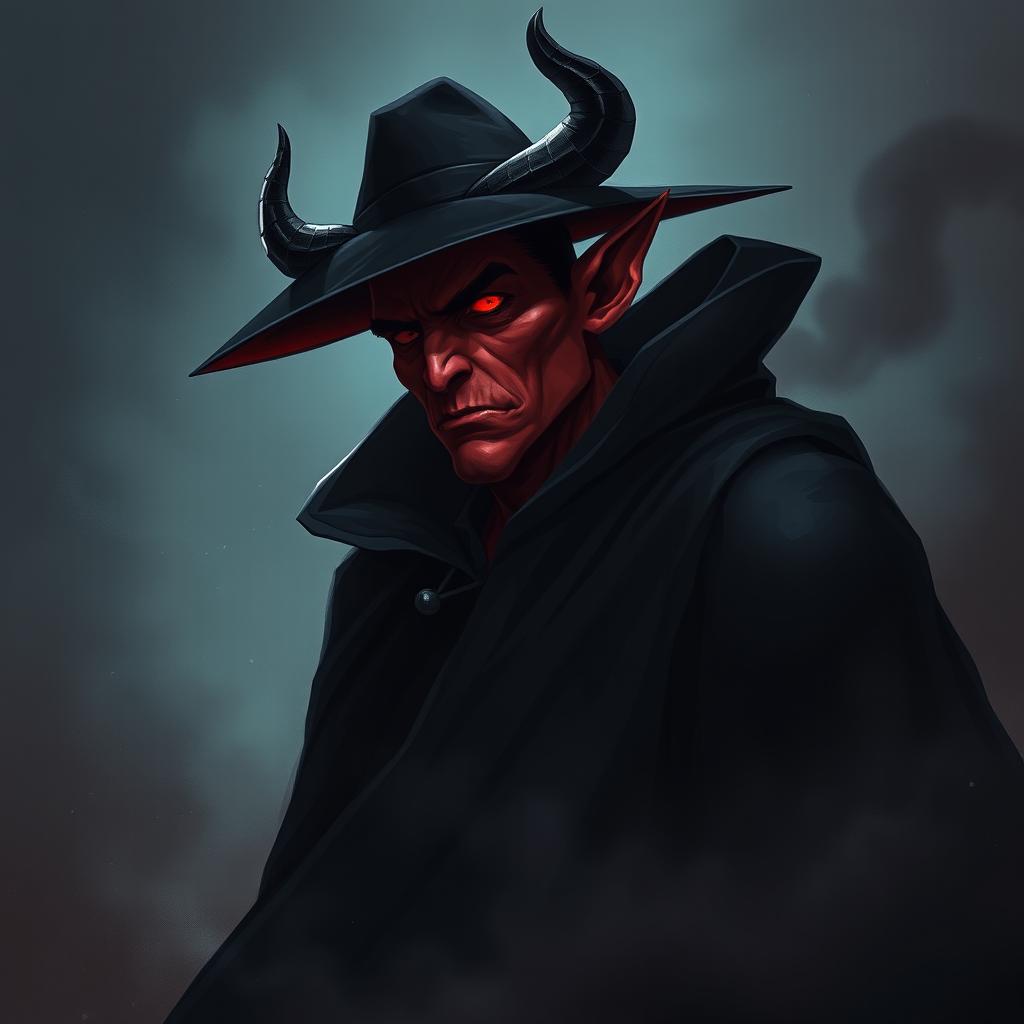 A tall, imposing devil character wearing a flowing black cape, with a sinister yet intriguing aura