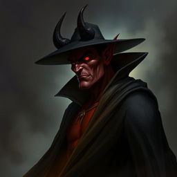 A tall, imposing devil character wearing a flowing black cape, with a sinister yet intriguing aura