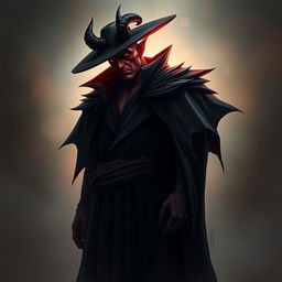 A tall, imposing devil character wearing a flowing black cape, with a sinister yet intriguing aura
