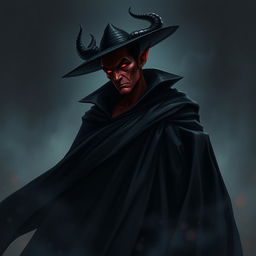 A tall, imposing devil character wearing a flowing black cape, with a sinister yet intriguing aura