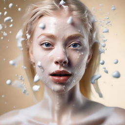 A high-definition, realistic digital art image of a blonde Instagram model with milk splashed on her face