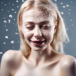 A high-definition, realistic digital art image of a blonde Instagram model with milk splashed on her body