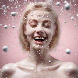 A high-definition, realistic digital art image of a blonde Instagram model with milk splashed on her body