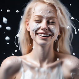 A high-definition, realistic digital art image of a blonde Instagram model with milk splashed on her body