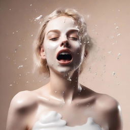 A high-definition, realistic digital art image of a blonde Instagram model with milk splashed on her body