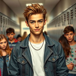 A high school setting featuring a handsome male student known for his good looks but characterized as a jerk