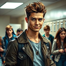 A high school setting featuring a handsome male student known for his good looks but characterized as a jerk