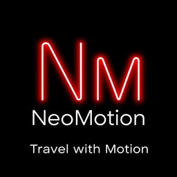 A logo design for a brand called "NeoMotion" featuring the letters 'N' and 'M' styled in vibrant red neon lights against a black background