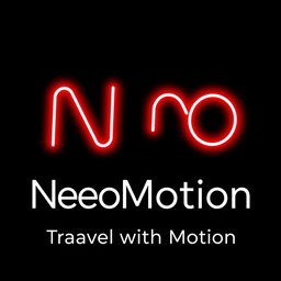 A logo design for a brand called "NeoMotion" featuring the letters 'N' and 'M' styled in vibrant red neon lights against a black background