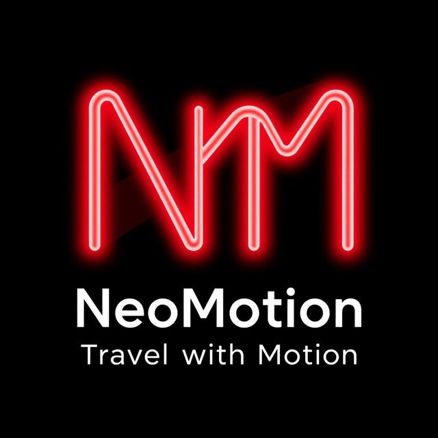 A logo design for a brand called "NeoMotion" featuring the letters 'N' and 'M' styled in vibrant red neon lights against a black background