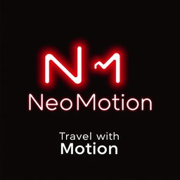 A logo design for a brand called "NeoMotion" featuring the letters 'N' and 'M' styled in vibrant red neon lights against a black background