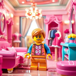 A colorful and vibrant scene featuring a LEGO figure standing in a luxurious Barbie-themed house
