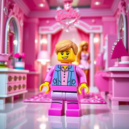 A colorful and vibrant scene featuring a LEGO figure standing in a luxurious Barbie-themed house