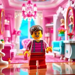 A colorful and vibrant scene featuring a LEGO figure standing in a luxurious Barbie-themed house