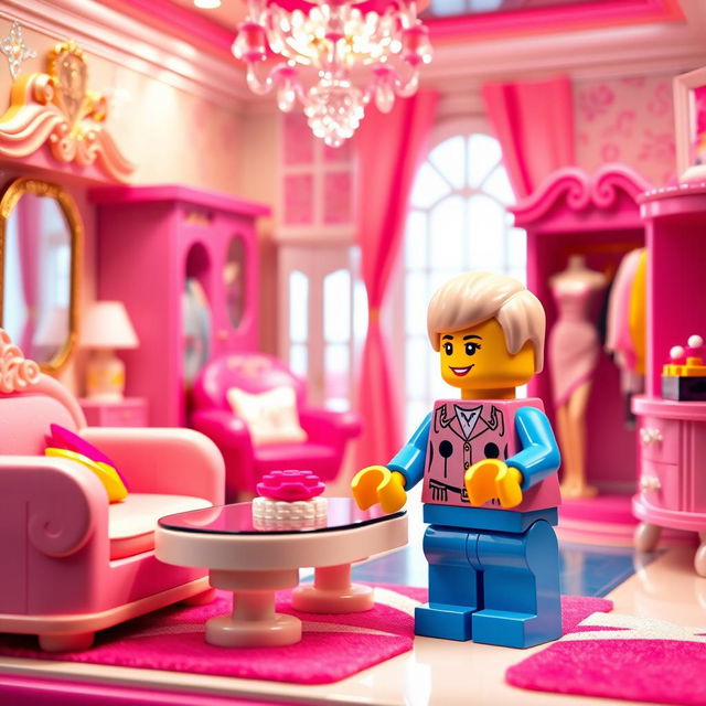 A colorful and vibrant scene featuring a LEGO figure standing in a luxurious Barbie-themed house