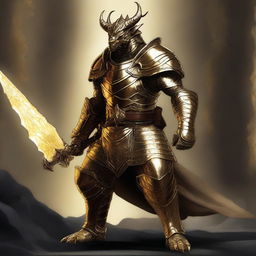 A high-quality digital art piece showcasing a metallic gold dragonborn fighter who is an echo knight