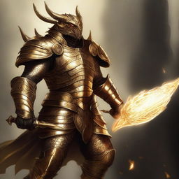 A high-quality digital art piece showcasing a metallic gold dragonborn fighter who is an echo knight