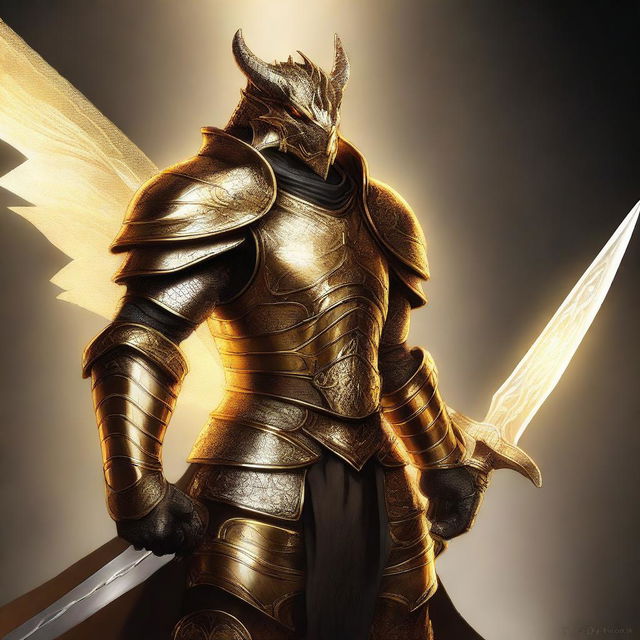 A high-quality digital art piece showcasing a metallic gold dragonborn fighter who is an echo knight