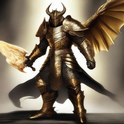 A high-quality digital art piece showcasing a metallic gold dragonborn fighter who is an echo knight