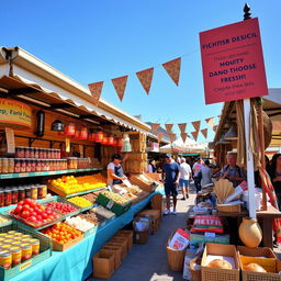 A vibrant and colorful display stand showcasing a variety of goods