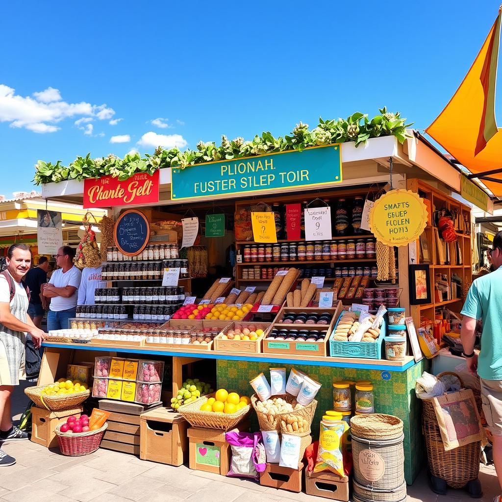 A vibrant and colorful display stand showcasing a variety of goods