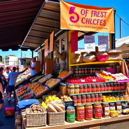 A vibrant and colorful display stand showcasing a variety of goods
