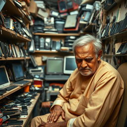 An elderly Indian man, with a wrinkled face and white hair, sitting in a small, cluttered phone repair shop