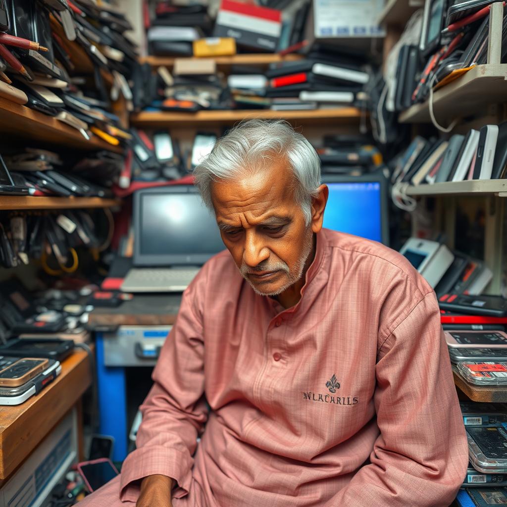 An elderly Indian man, with a wrinkled face and white hair, sitting in a small, cluttered phone repair shop