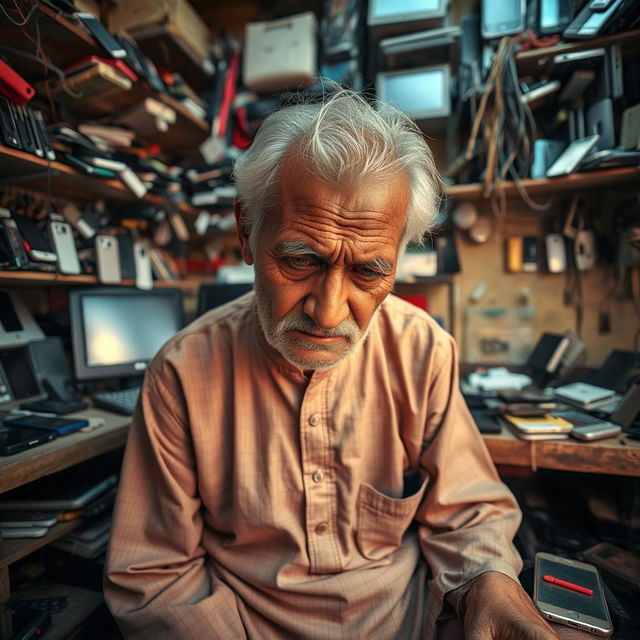 An elderly Indian man, with a wrinkled face and white hair, sitting in a small, cluttered phone repair shop