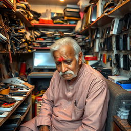 An elderly Indian man, with a wrinkled face and white hair, sitting in a small, cluttered phone repair shop