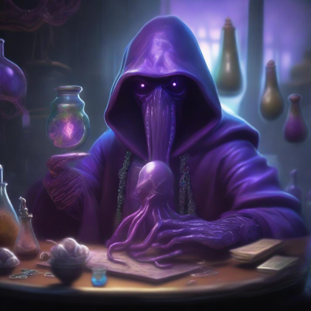 A top-tier digital art illustration depicting a Mind Flayer as an artificer alchemist