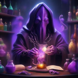 A top-tier digital art illustration depicting a Mind Flayer as an artificer alchemist