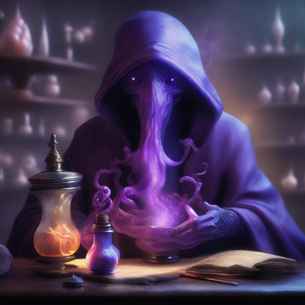 A top-tier digital art illustration depicting a Mind Flayer as an artificer alchemist