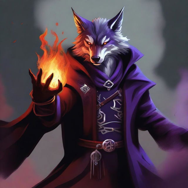 A high-quality digital art illustration portraying a Wolfborn who is a warlock of the Fiend