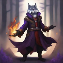 A high-quality digital art illustration portraying a Wolfborn who is a warlock of the Fiend