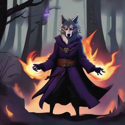 A high-quality digital art illustration portraying a Wolfborn who is a warlock of the Fiend