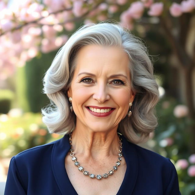 A portrait of an elegant mature woman exuding confidence and wisdom, with silver hair styled in soft waves, wearing a sophisticated navy blue blouse, and adorned with tasteful jewelry