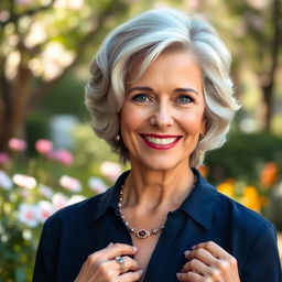 A portrait of an elegant mature woman exuding confidence and wisdom, with silver hair styled in soft waves, wearing a sophisticated navy blue blouse, and adorned with tasteful jewelry