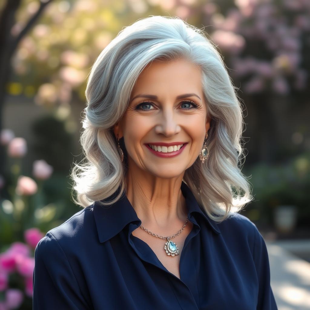 A portrait of an elegant mature woman exuding confidence and wisdom, with silver hair styled in soft waves, wearing a sophisticated navy blue blouse, and adorned with tasteful jewelry