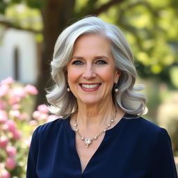 A portrait of an elegant mature woman exuding confidence and wisdom, with silver hair styled in soft waves, wearing a sophisticated navy blue blouse, and adorned with tasteful jewelry