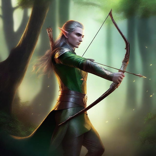 A high-quality digital art depiction of an elf Eladrin who is a fighter arcane archer