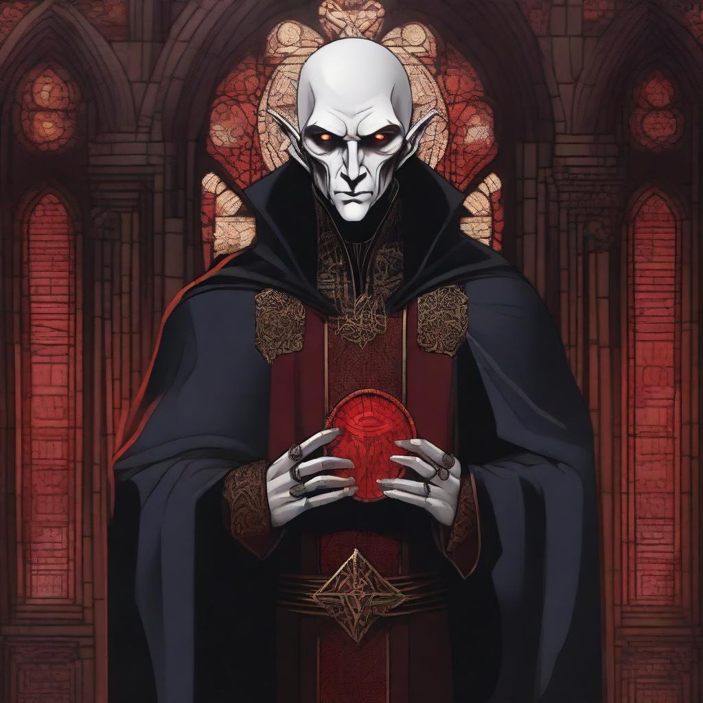 A high-quality digital art illustration that depicts a Vampire Zendikar who is a cleric of the blood domain