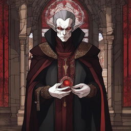 A high-quality digital art illustration that depicts a Vampire Zendikar who is a cleric of the blood domain